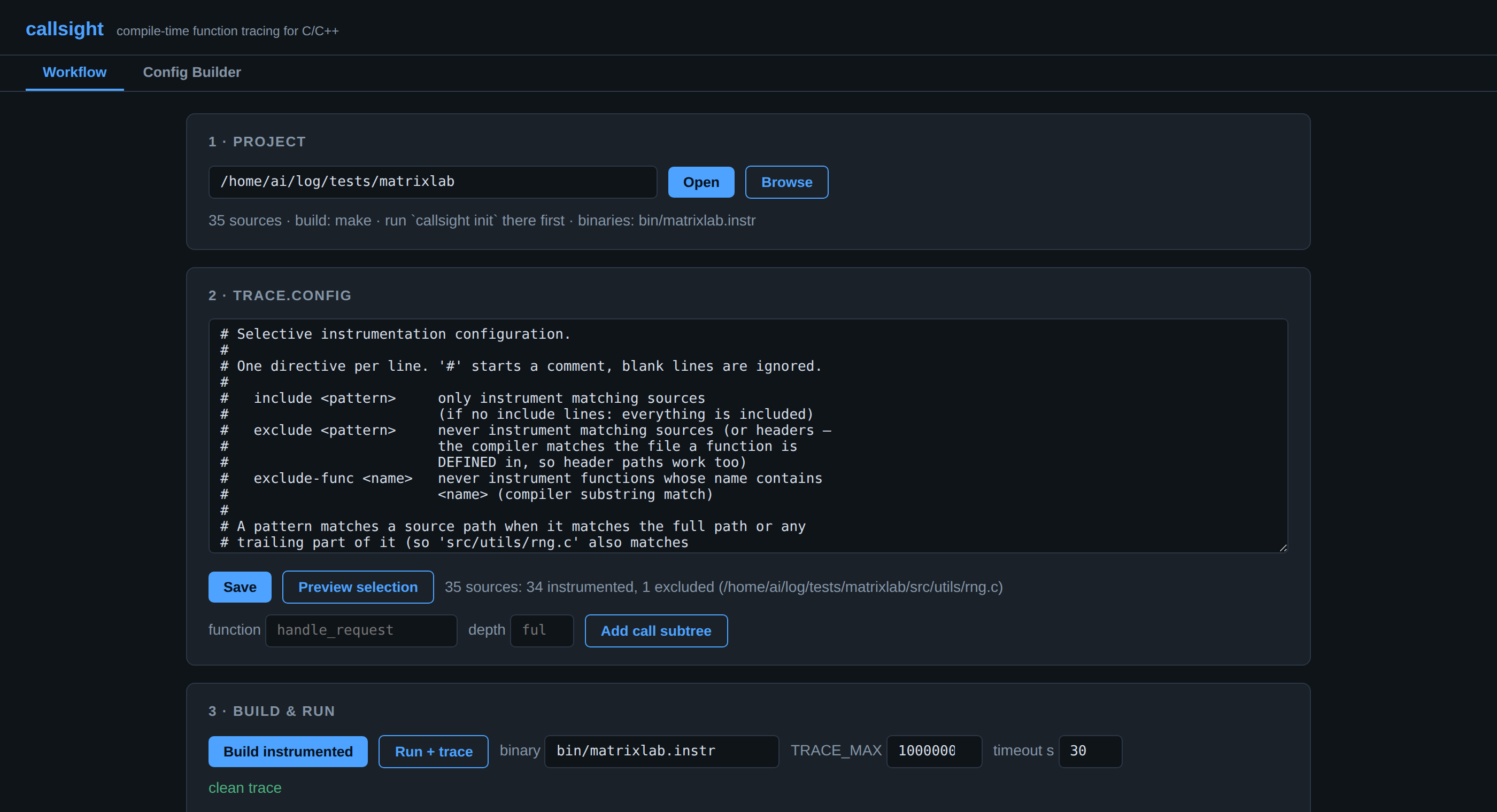 The callsight Workflow tab: a project path input with the detected build system and source count, the trace.config editor, and the selection preview reporting 34 of 35 sources instrumented