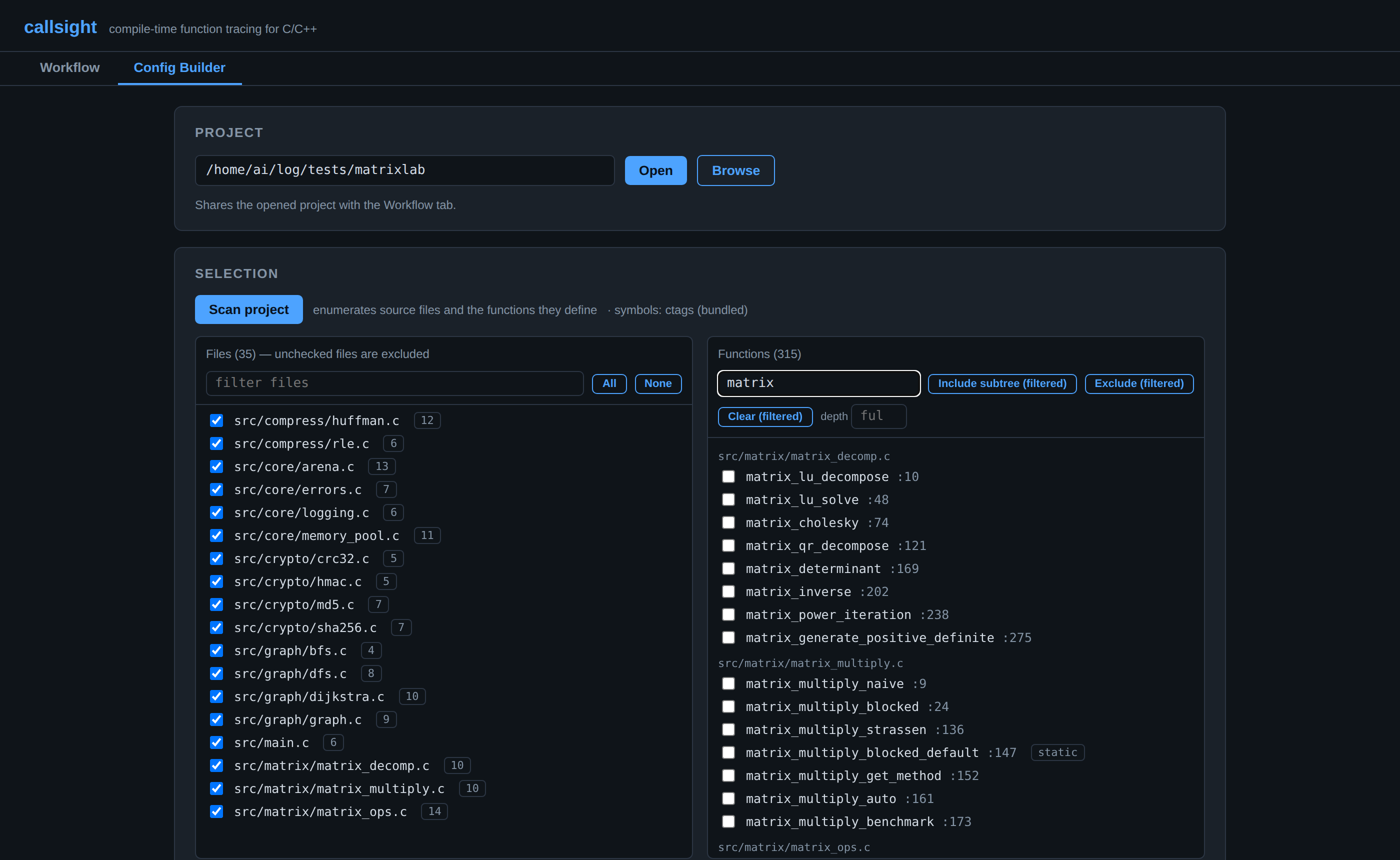 The config builder: a checkbox pane listing 35 source files with per-file function counts, beside a filtered pane of 315 functions with include-subtree and exclude actions