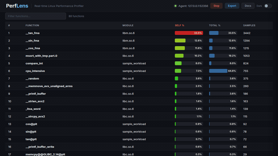 Live demo: function table updating in real time, flame graph, then source view