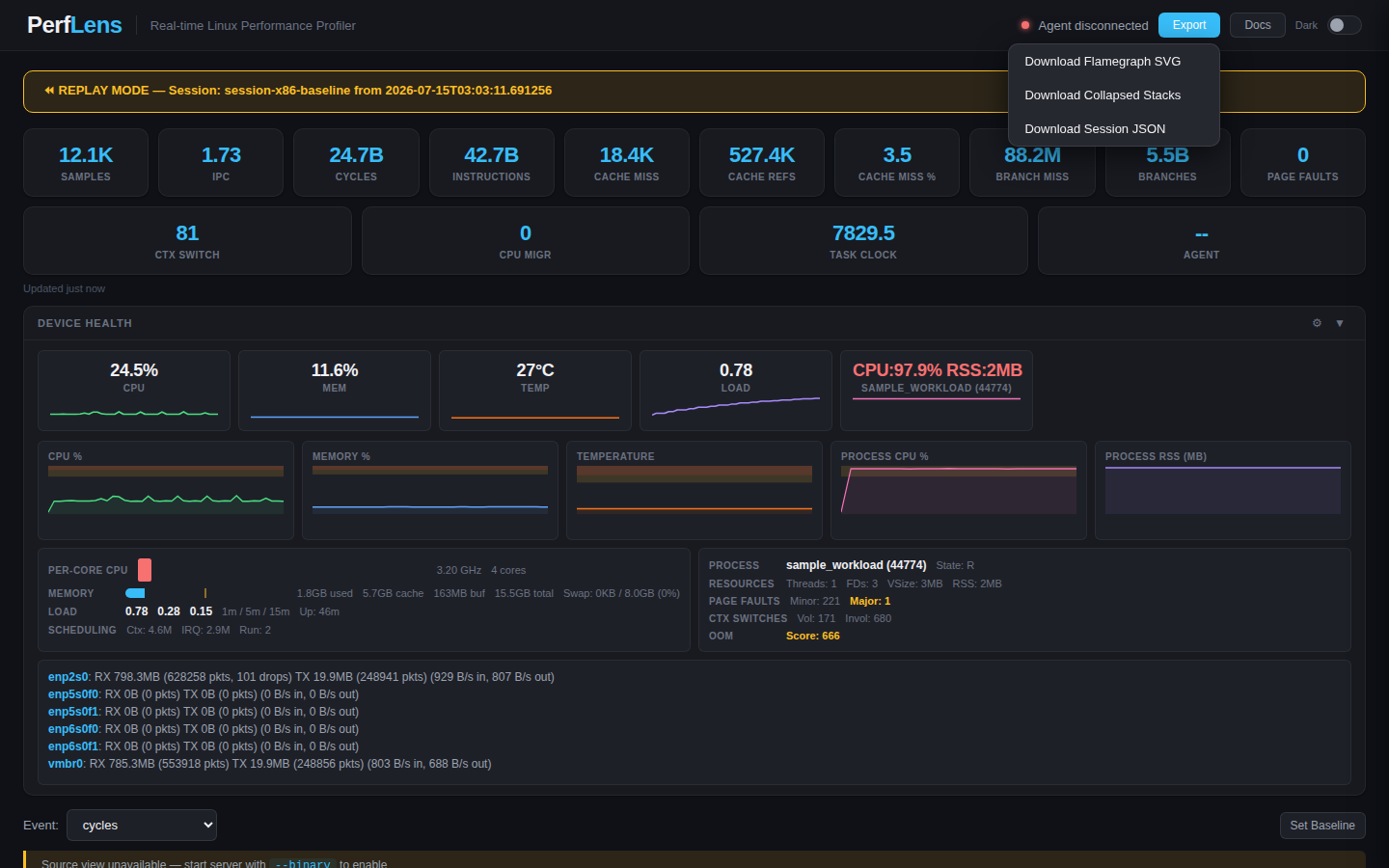 Export menu offering SVG, collapsed stacks, and JSON