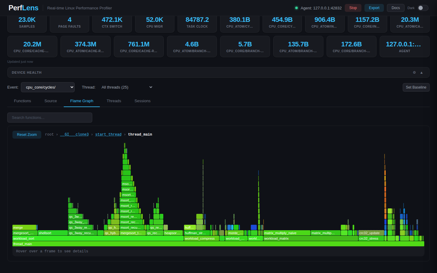 Flame graph zoomed into a call path with a breadcrumb trail